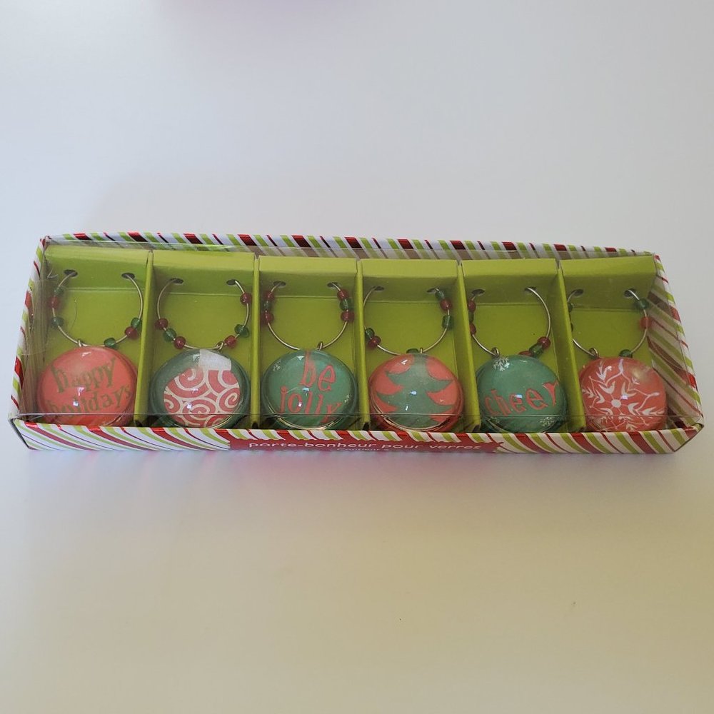 NIP PIER 1 IMPORTS 6 BEADED CHRISTMAS WINE GLASS DRINK CHARMS